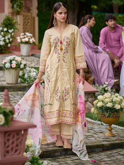 Women Ethnic Motifs Embroidered Panelled Thread Work Kurta with Trousers & With Dupatta