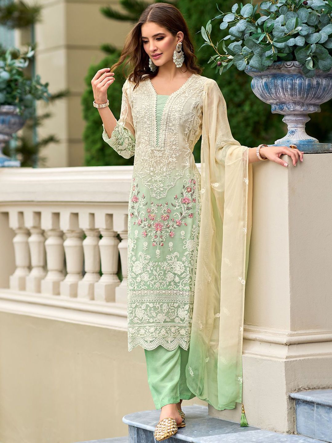 Floral Embroidered Sequinned Straight Organza Kurta With Trousers And Dupatta
