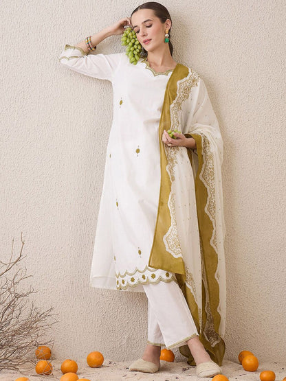 Dhiyona IE Floral Embroidered Sequinned Pure Cotton Straight Kurta With Trousers & Dupatta
