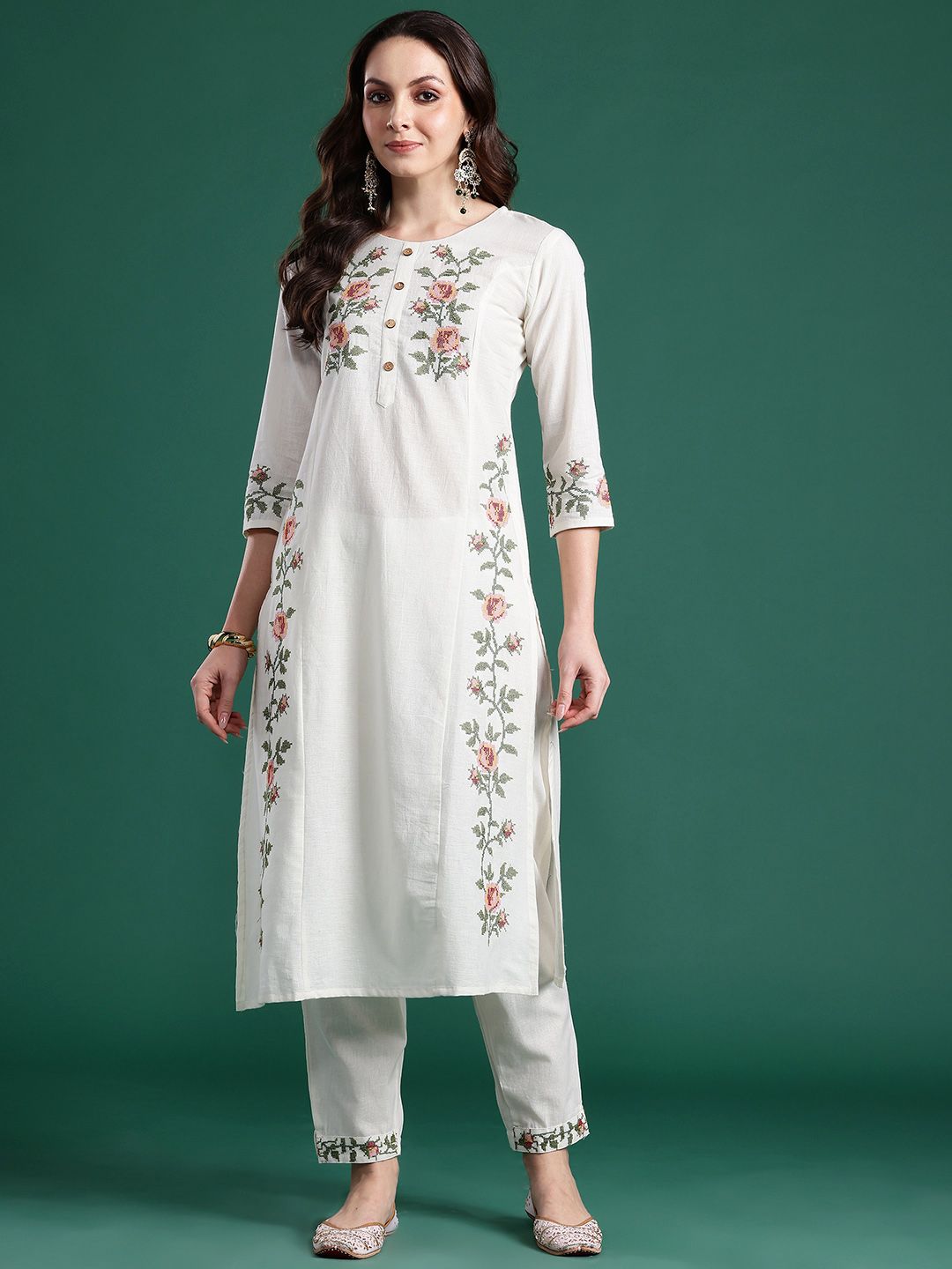 Dhiyona IE Floral Embroidered Pure Cotton Kurta with Trousers