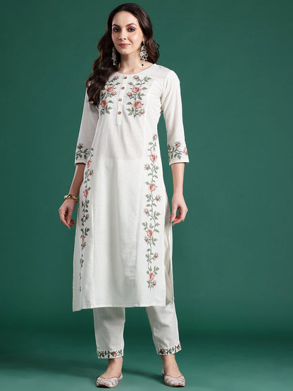 Dhiyona IE Floral Embroidered Pure Cotton Kurta with Trousers