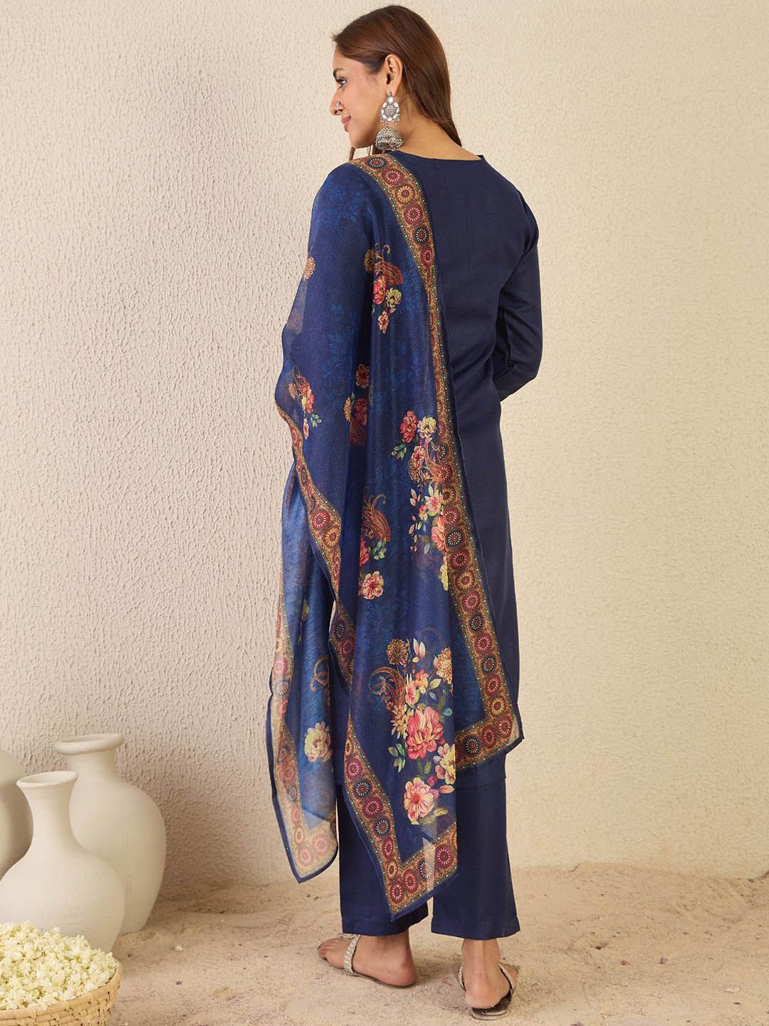 Notch Neck Straight Kurta With Trousers & Dupatta