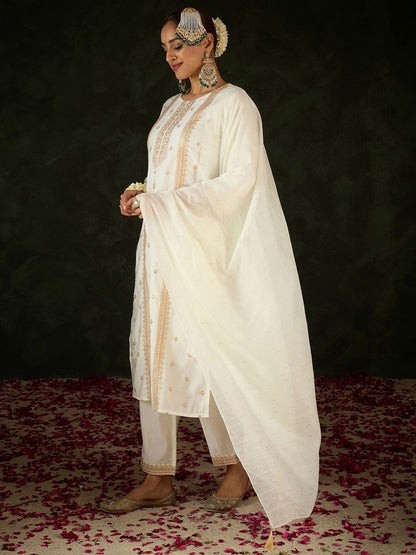 Dhiyona IE Women Ethnic Motifs Embroidered Regular Sequinned Kurta with Trousers & With Dupatta