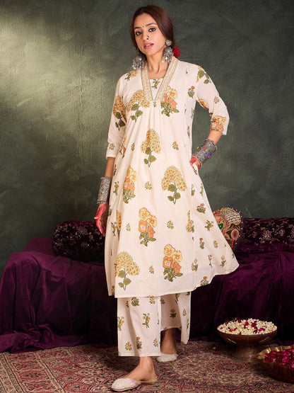 Dhiyona IE Floral Printed Pure Cotton V-Neck A-Line Kurta With Palazzos