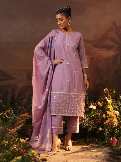 Dhiyona IS Women's Ethnic Motifs Embroidered Thread Work Pure Cotton Kurta with Trousers & Dupatta