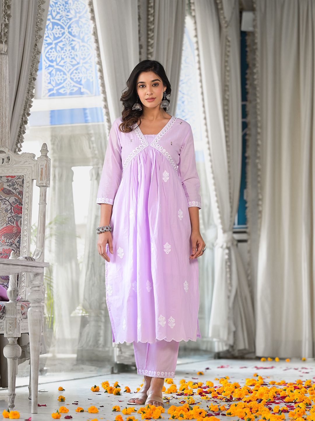 Dhiyona VA Women's Floral Embroidered Empire Thread Work Pure Cotton Kurta with Trousers & With Dupatta