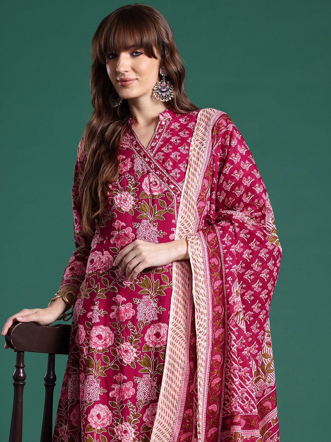 Dhiyona IE Floral Printed Angrakha Pure Cotton Kurta with Trousers & With Dupatta