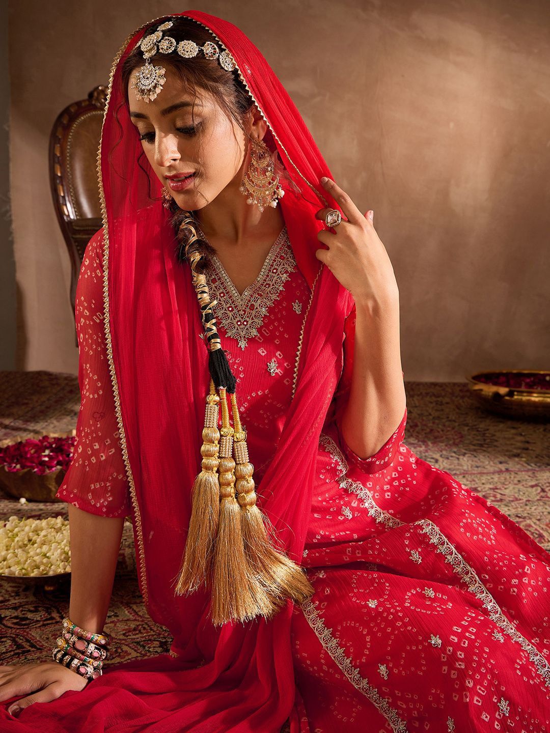 Dhiyona IE Bandhani Printed V-Neck Zari Silk Chiffon Straight Kurta With Trousers & Dupatta