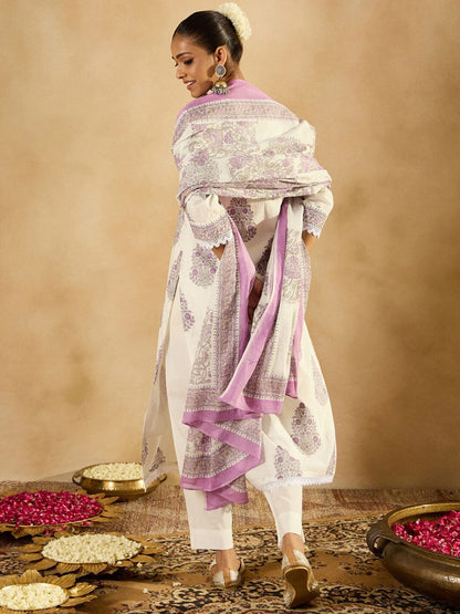Floral Printed Regular Sequinned Pure Cotton Kurta with Trousers & Dupatta