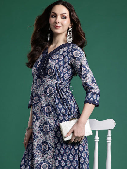 Dhiyona IE Floral Printed Angrakha Mirror Work Pure Cotton Kurta with Trousers