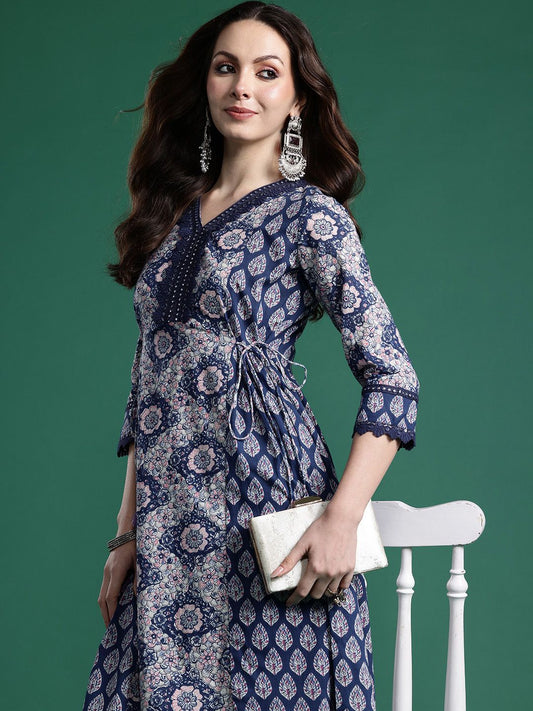 Dhiyona IE Floral Printed Angrakha Mirror Work Pure Cotton Kurta with Trousers