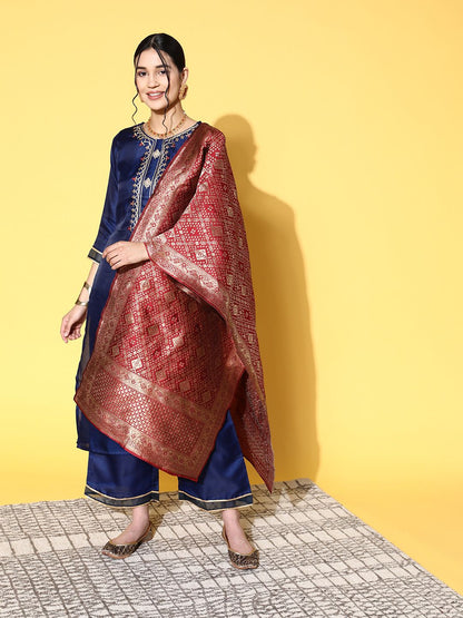 Dhiyona IE Women Navy Blue Ethnic Motifs Woven Design Sequined Kurta with Trousers & Dupatta