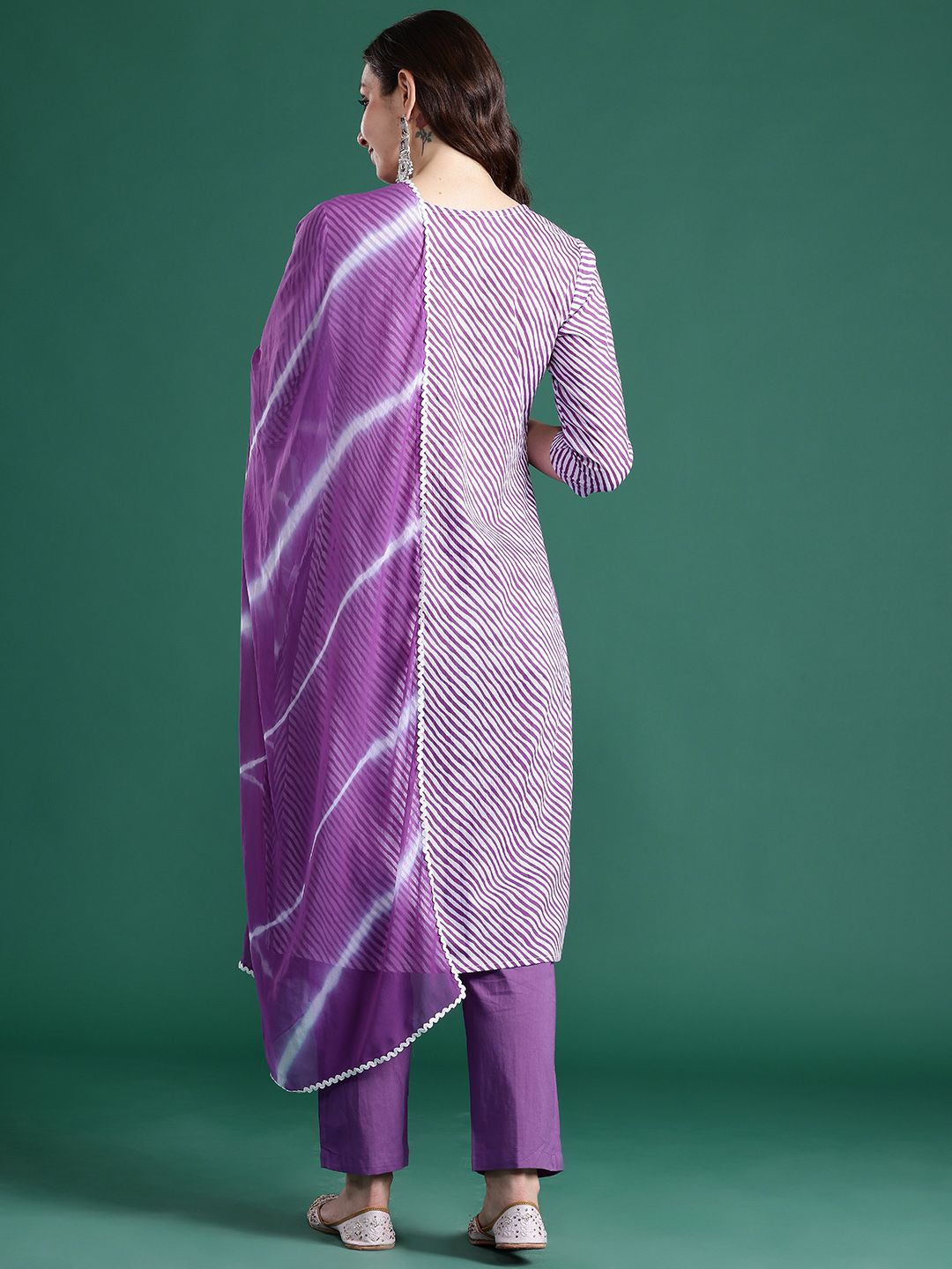 Dhiyona IE Leheriya Printed Thread Work Pure Cotton Kurta With Trousers & Dupatta