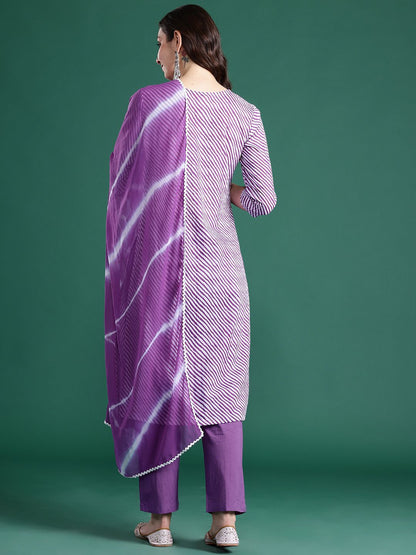 Dhiyona IE Leheriya Printed Thread Work Pure Cotton Kurta With Trousers & Dupatta