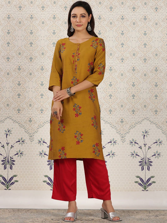 Dhiyona OD  Floral Printed Zari Detailed Straight Kurta