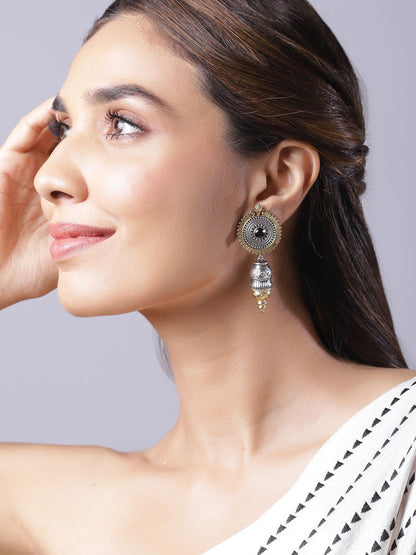 Dhiyona RJ Women's Oxidized Rhodium Plated Silver Tone Black Stone Studded Classic Drop Earrings