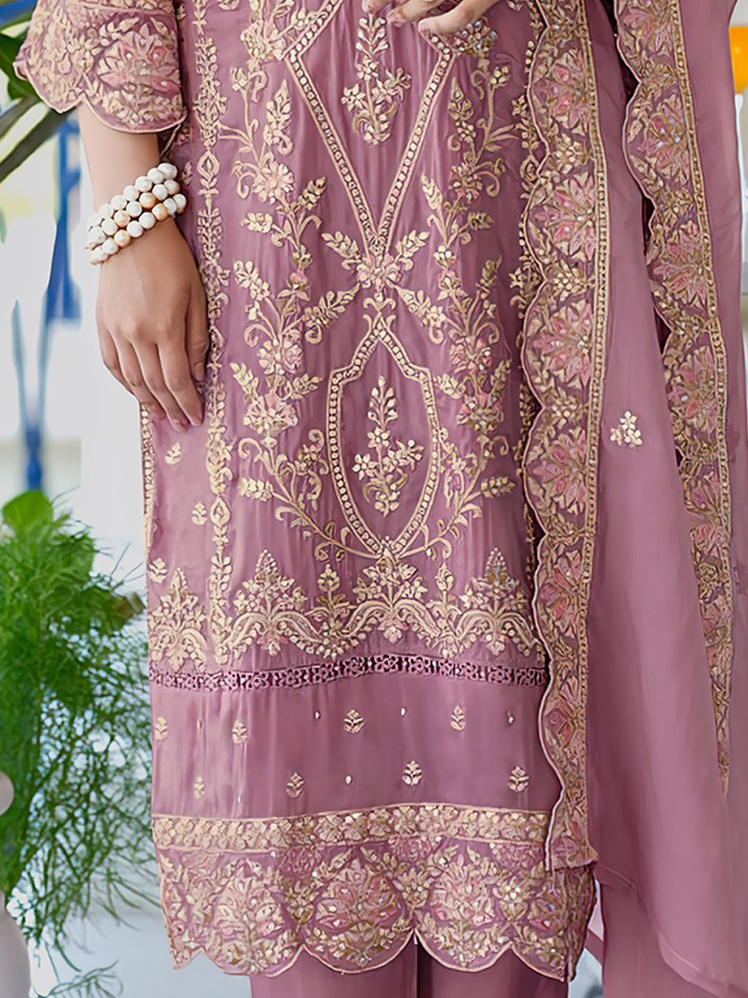 Ethnic Motifs Embroidered V Neck Straight Kurta With Trousers & Dupatta