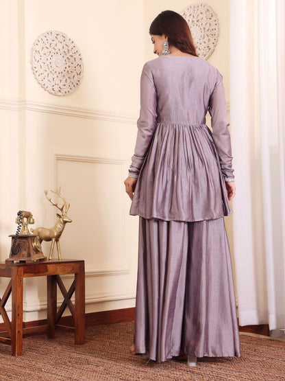 Dhiyona VA Women'sV-Neck Gotta Patti Long Sleeves A-Line Flared Kurta with Palazzo