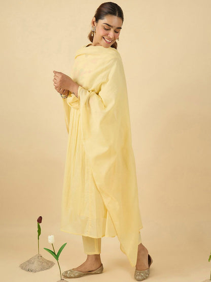 Women Floral Embroidered Cotton Kurta with Trousers & Dupatta