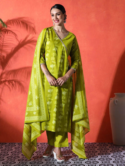 Dhiyona SN Women's Floral Printed Angrakha V-Neck Pure Cotton Straight Kurta & Trousers With Dupatta