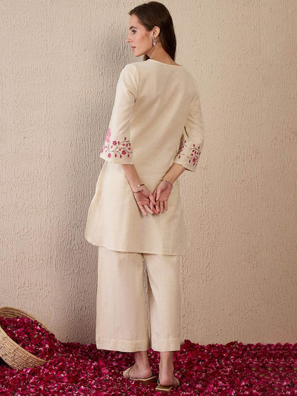 Dhiyona IE Women Floral Embroidered Regular Thread Work Pure Cotton Kurta with Palazzos