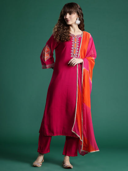 Ethnic Motifs Embroidered Zari Kurta With Trousers & Dupatta