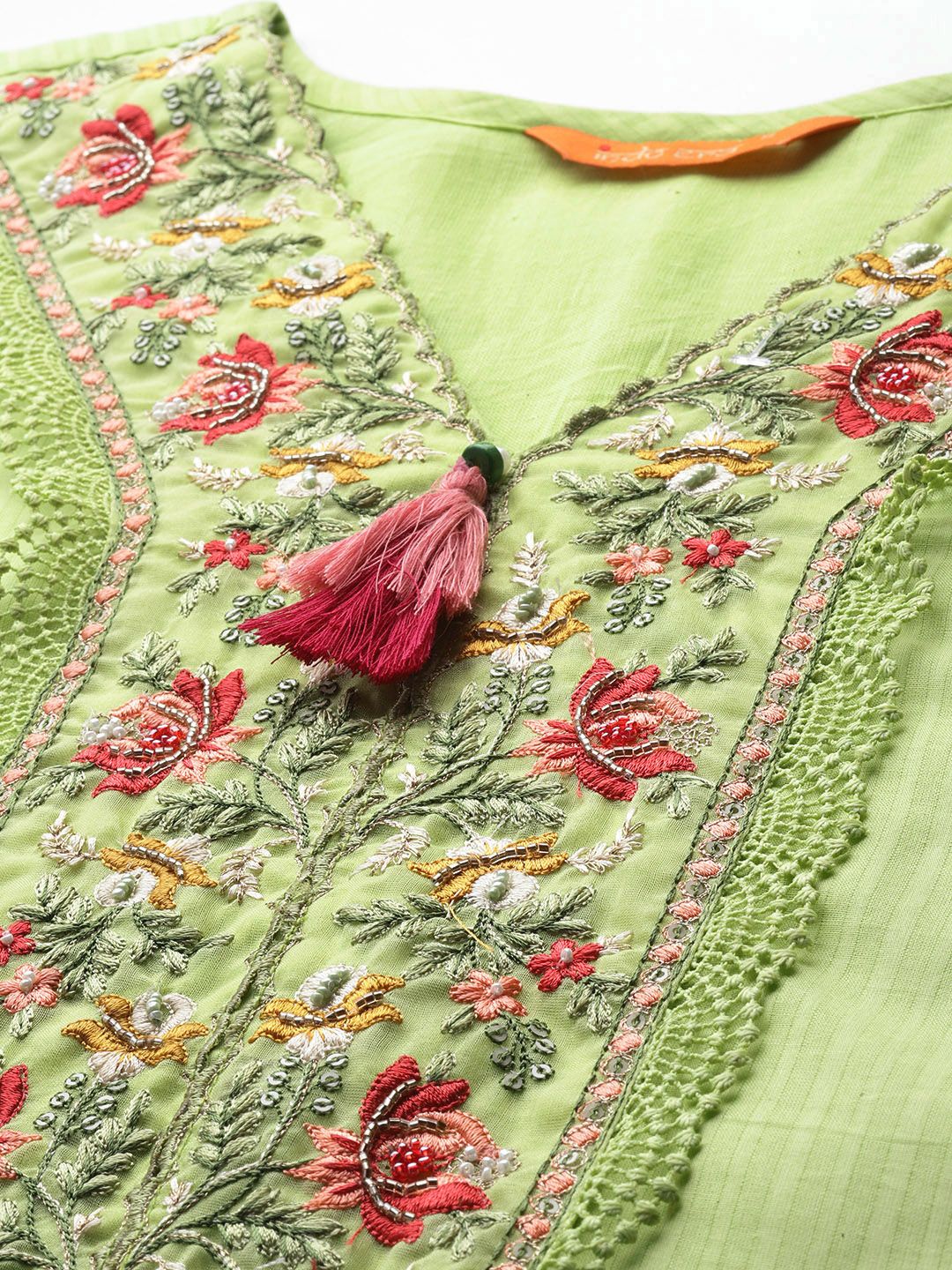 Dhiyona IE Floral Embroidered Thread Work Linen Kurta with Trousers & Dupatta
