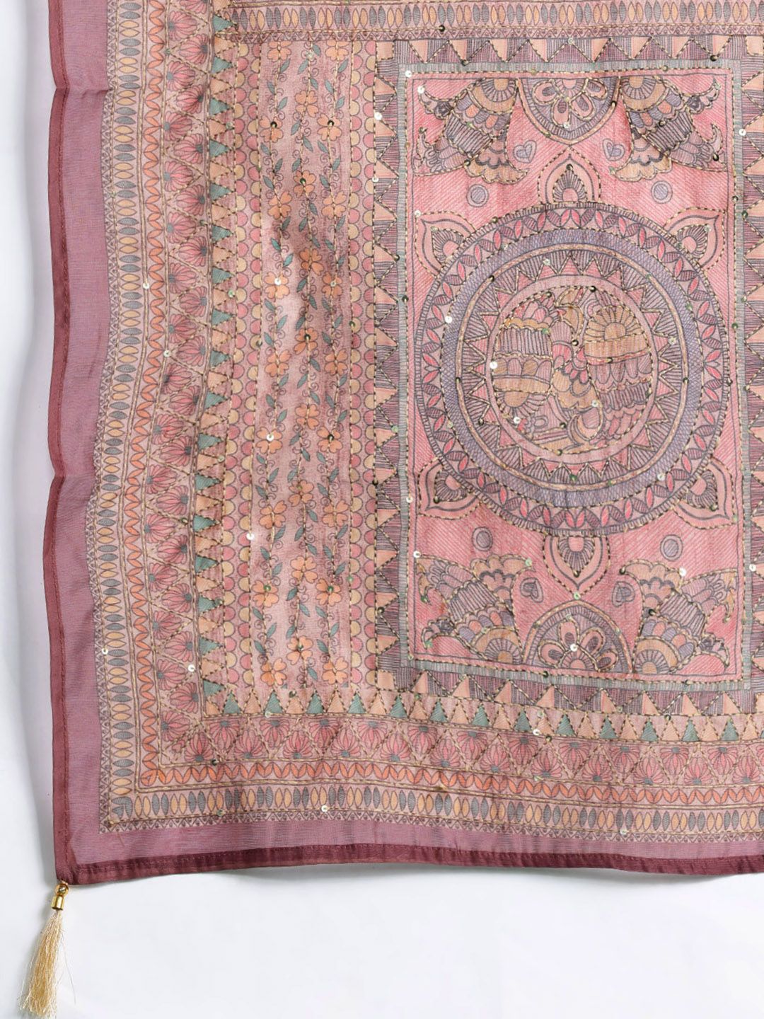 Dhiyona IE Ethnic Motifs Printed Thread Work Chanderi Silk Kurta With Trousers & Dupatta