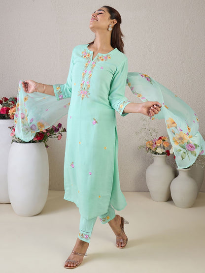 Dhiyona IE Women Floral Embroidered Kurta with Trousers & Dupatta