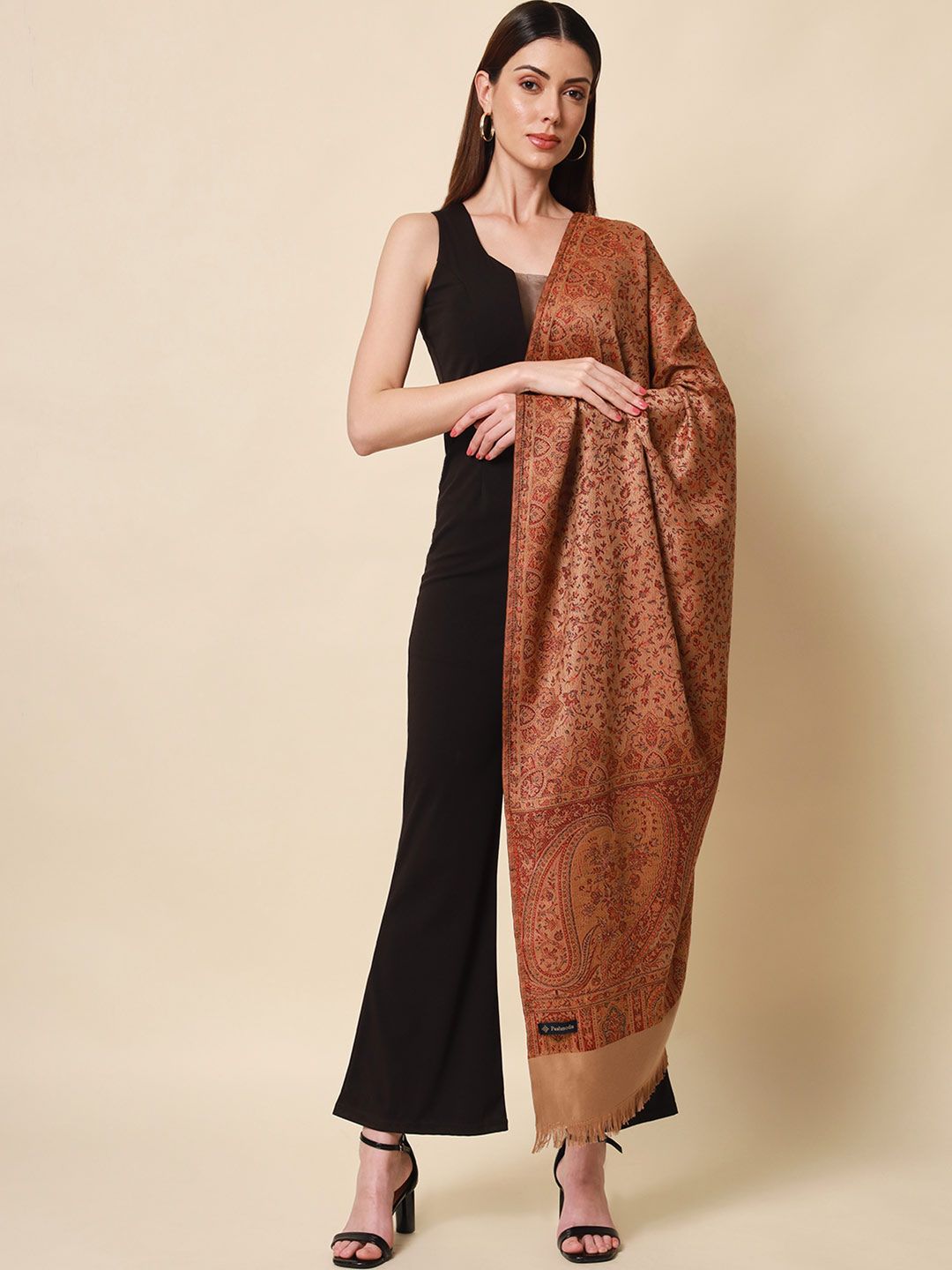 Dhiyona PA Women Brown & Beige Woven-Design Shawl
