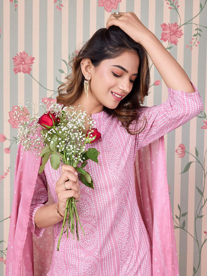 Dhiyona OD  Bandhani Printed Pure Cotton Kurta with Trousers & Dupatta