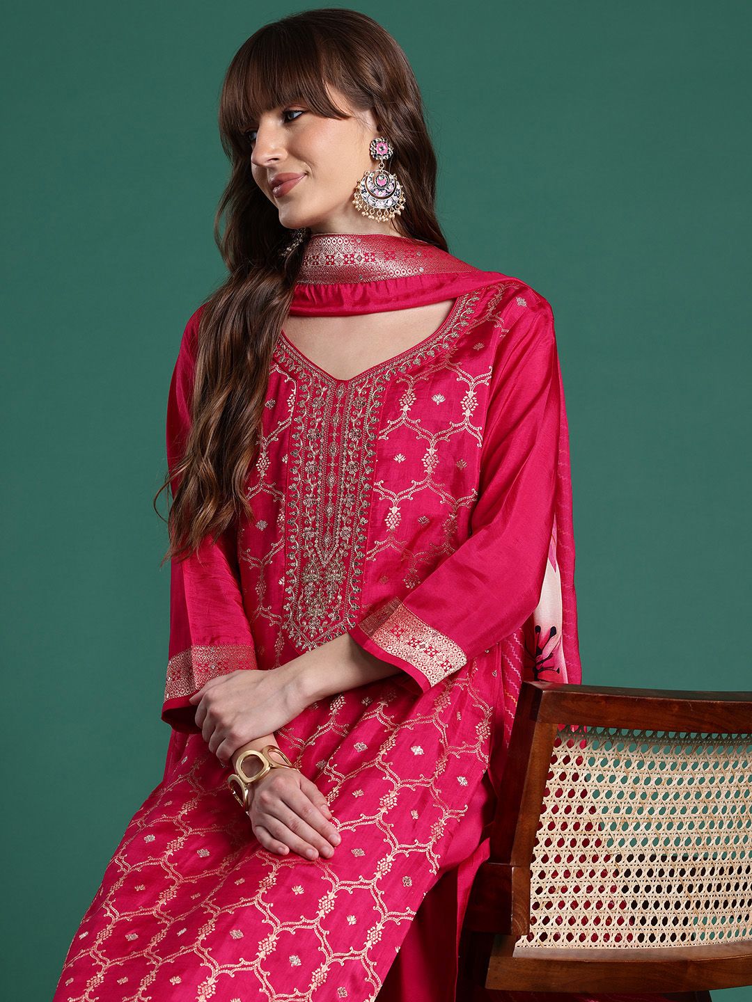 Dhiyona IE Ethnic Motifs Embroidered Regular Kurta With Trousers & Dupatta