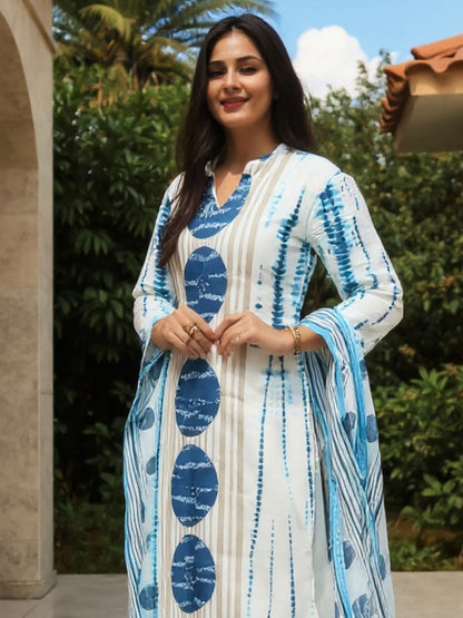 Tie And Dye Screen Technique Pure Cotton Kurta With Trousers & Dupatta
