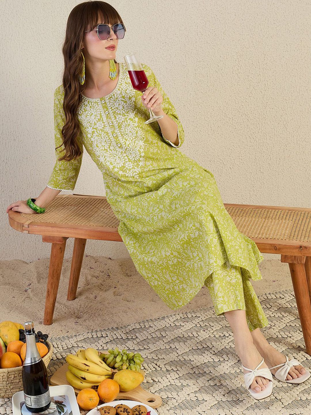 Dhiyona IE Embroidered Pure Cotton Round Neck Top With Trousers Co-Ords