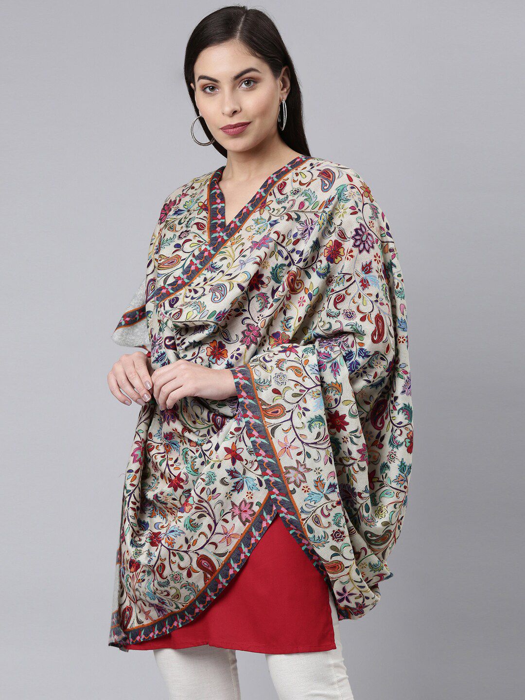 Dhiyona PA Women White Printed Pure Wool Kalamkari Shawl