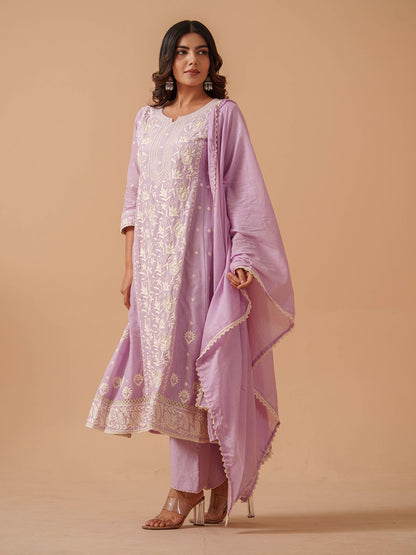 Dhiyona PD Women Embroidered 100% Cotton Straight Kurta & Trousers With Dupatta