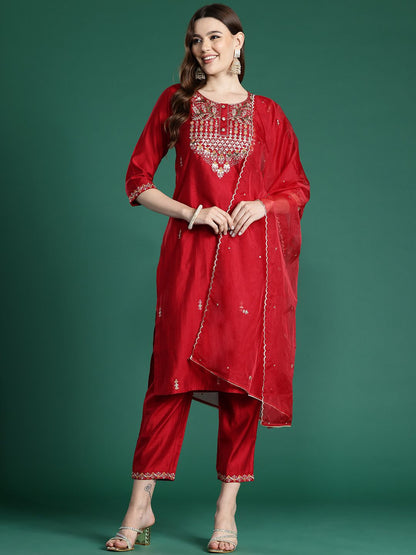 Ethnic Motifs Embroidered Regular Sequinned Liva Kurta with Trousers & Dupatta