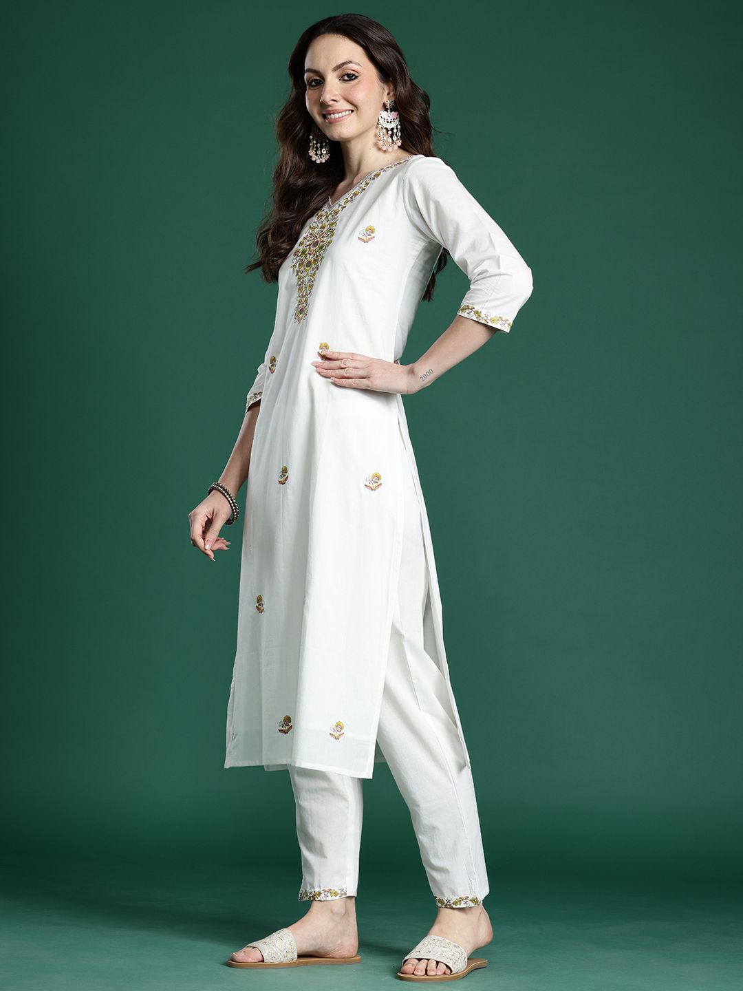 Floral Embroidered Pure Cotton Kurta with Trousers & Dupatta