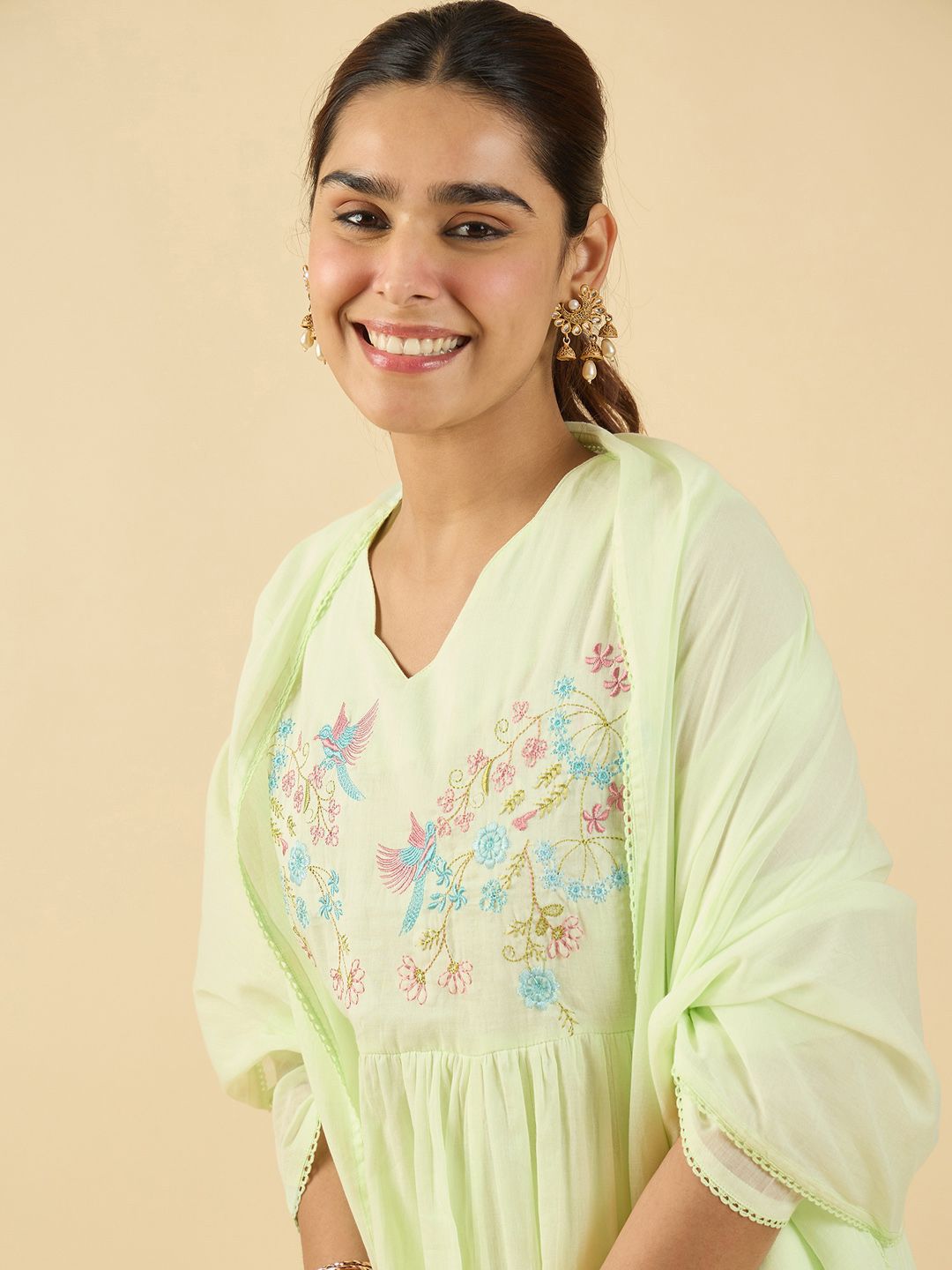 Dhiyona IE Floral Embroidered V Neck A Line Pure Cotton Kurta With Trousers & Dupatta