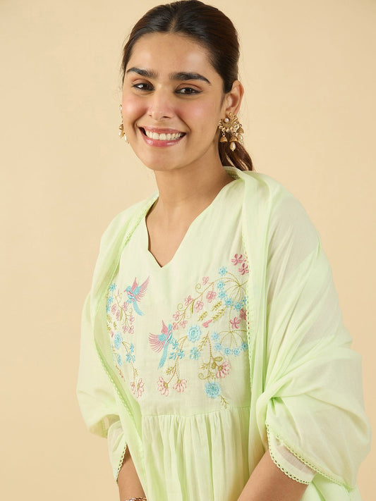 Dhiyona IE Floral Embroidered V Neck A Line Pure Cotton Kurta With Trousers & Dupatta