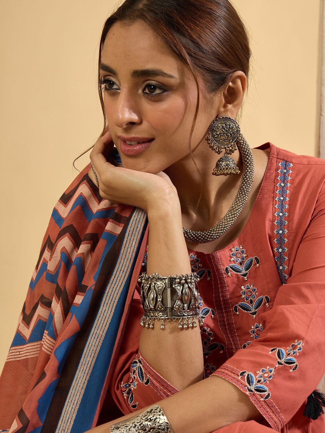 Women Floral Embroidered Regular Pure Cotton Kurta with Trousers & Dupatta