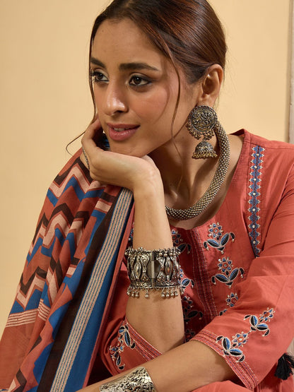 Women Floral Embroidered Regular Pure Cotton Kurta with Trousers & Dupatta