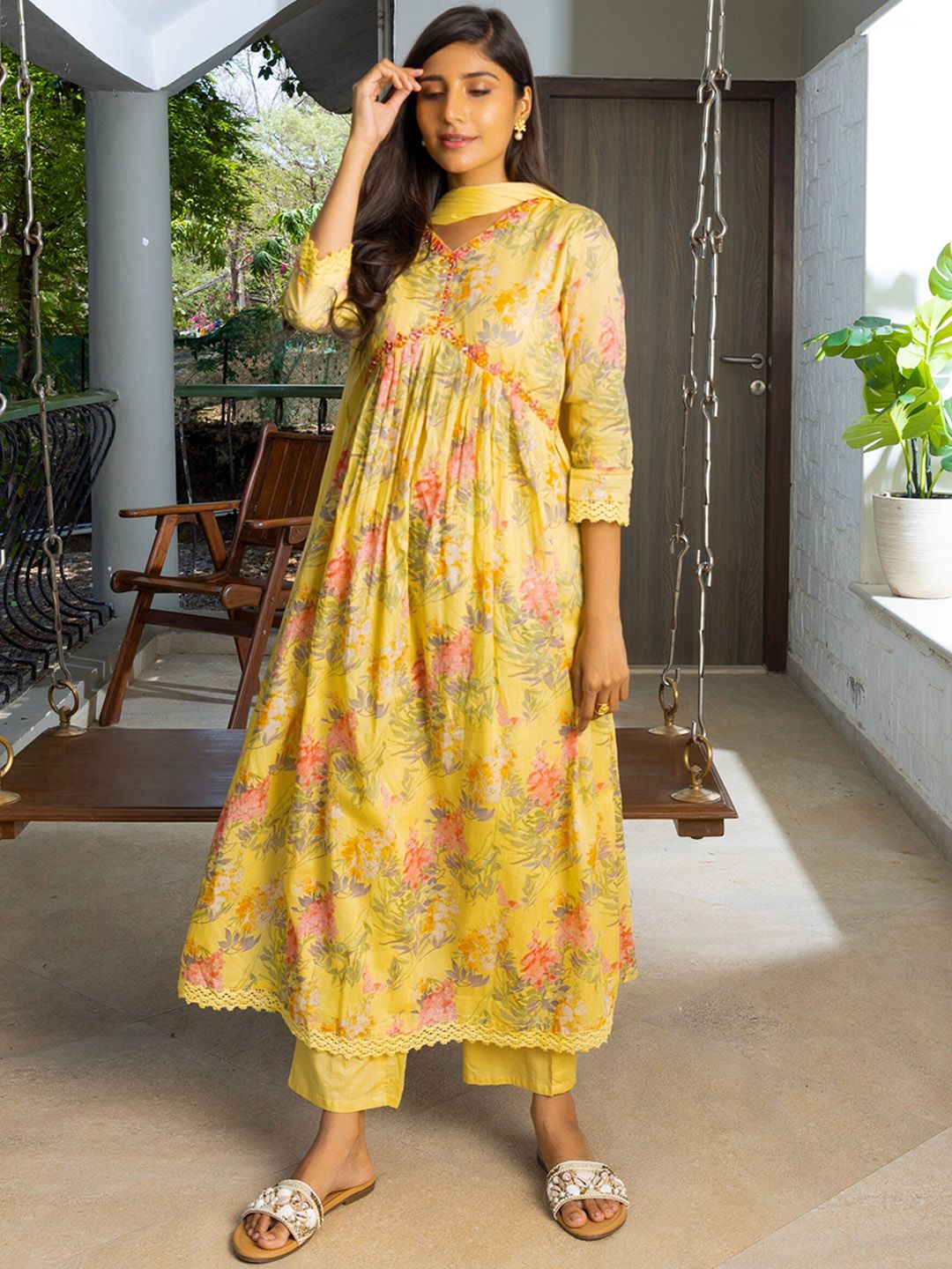 Dhiyona SN Women's Alia Cut Floral Printed Mirror Work Pure Cotton A Line Kurta With Trousers & Dupatta