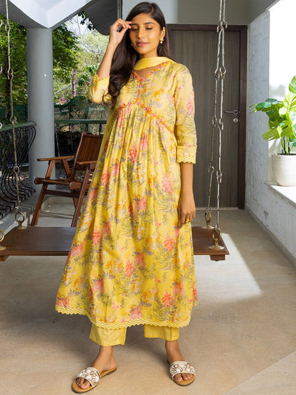 Dhiyona SN Women's Alia Cut Floral Printed Mirror Work Pure Cotton A Line Kurta With Trousers & Dupatta