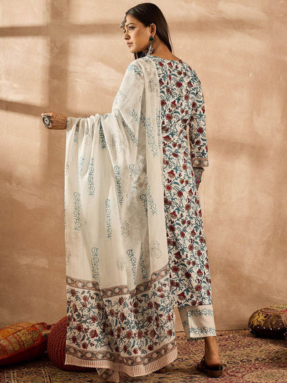 Dhiyona IE Women Floral Printed Regular Pure Cotton Kurta with Trousers & With Dupatta
