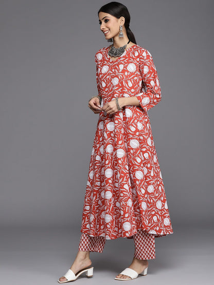 Dhiyona VA Women's Red Ethnic Motifs Printed Pure Cotton Kurta with Trousers & Dupatta
