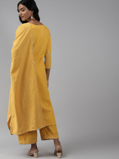 Women Yellow Yoke Design Regular Kurta with Palazzos & Dupatta