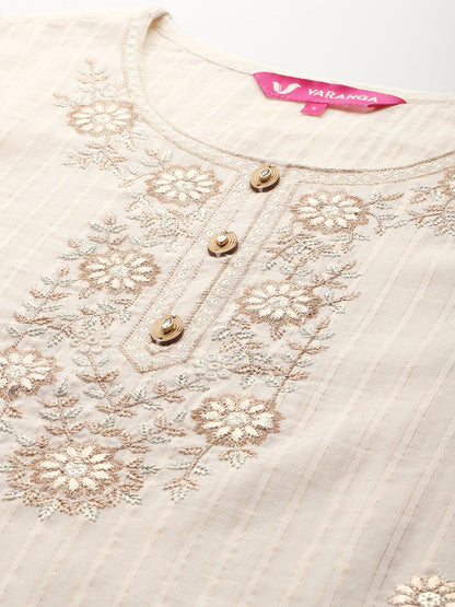 Dhiyona VA Women'sFloral Embroidered Zari Kurta With Palazzos & Dupatta