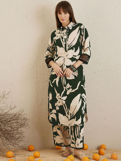Floral Printed Shirt Collar Straight Kurta With Trousers