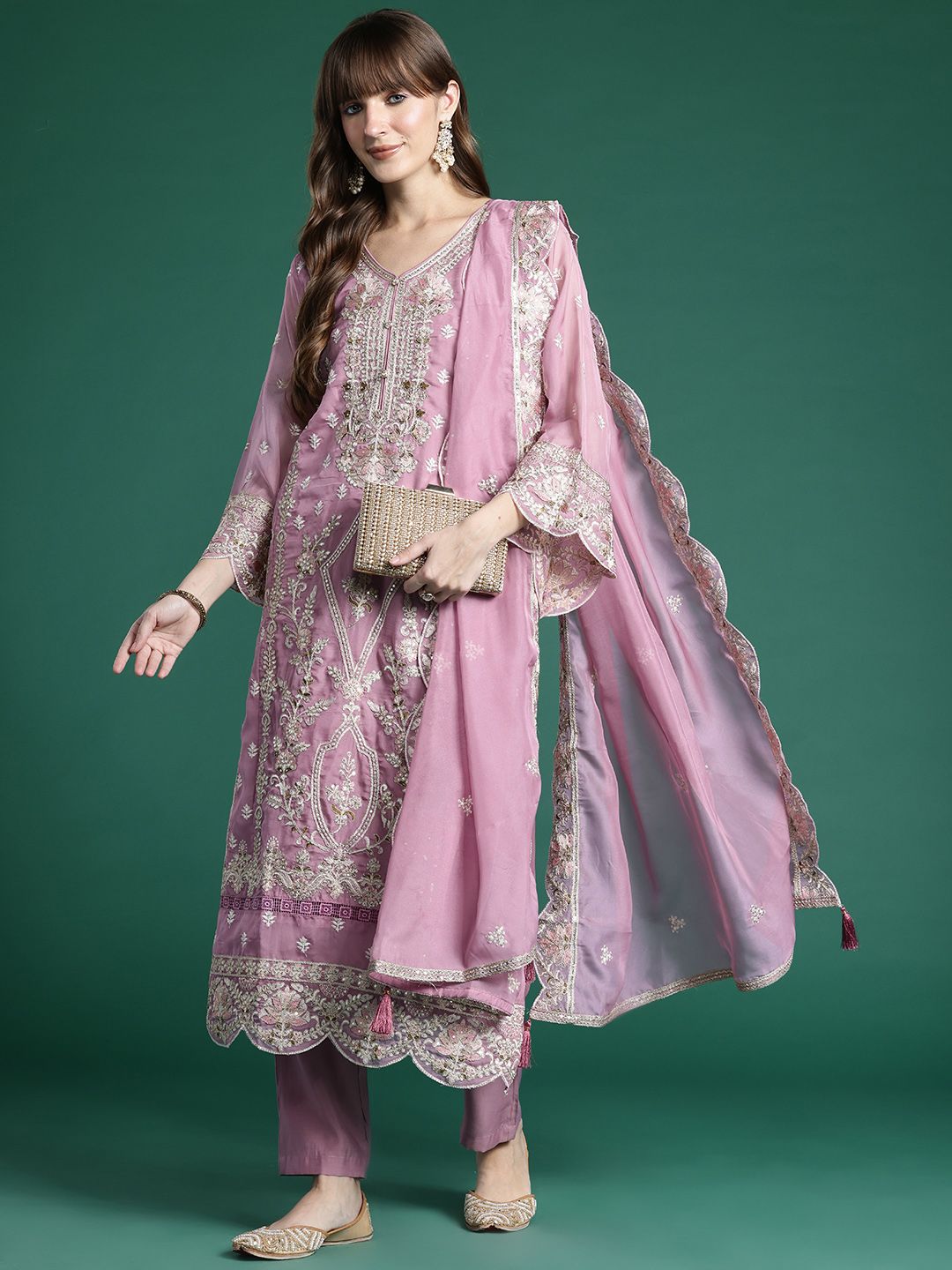 Ethnic Motifs Embroidered Sequinned Kurta With Trousers & Dupatta